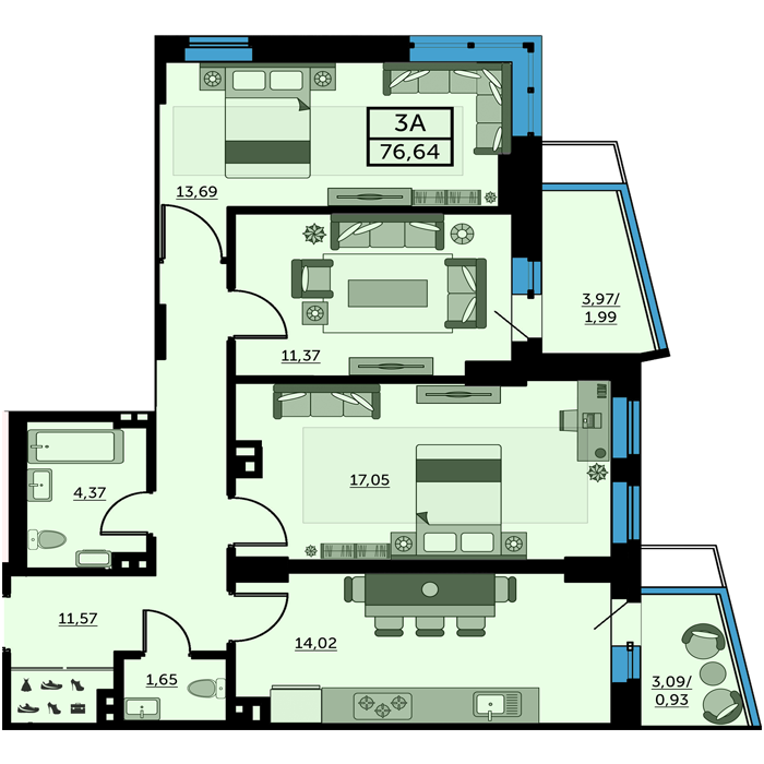 3 комнатная квартира 76.64 кв.м