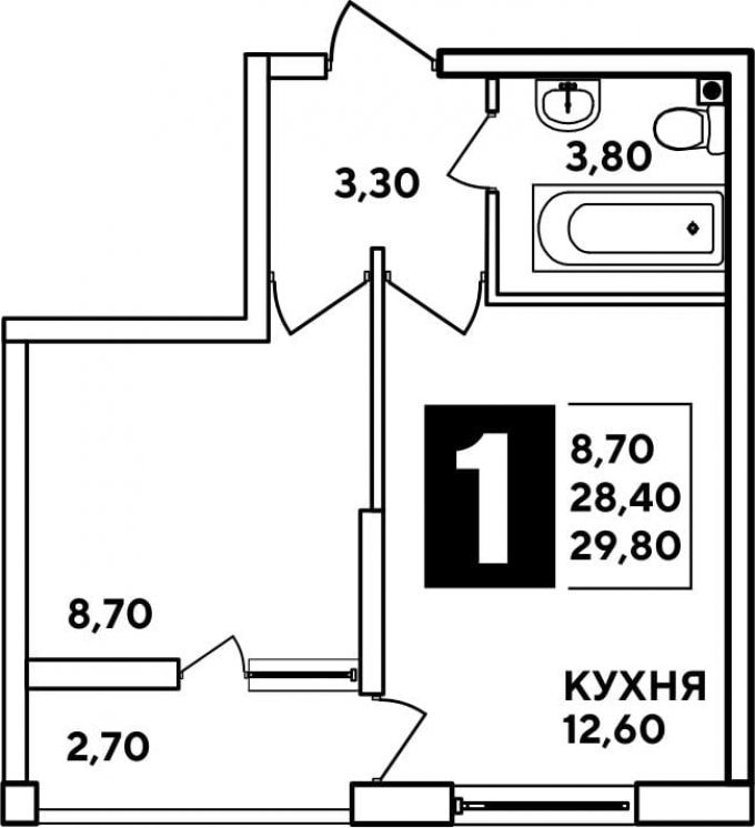 1 комнатная квартира 29.80 кв.м.