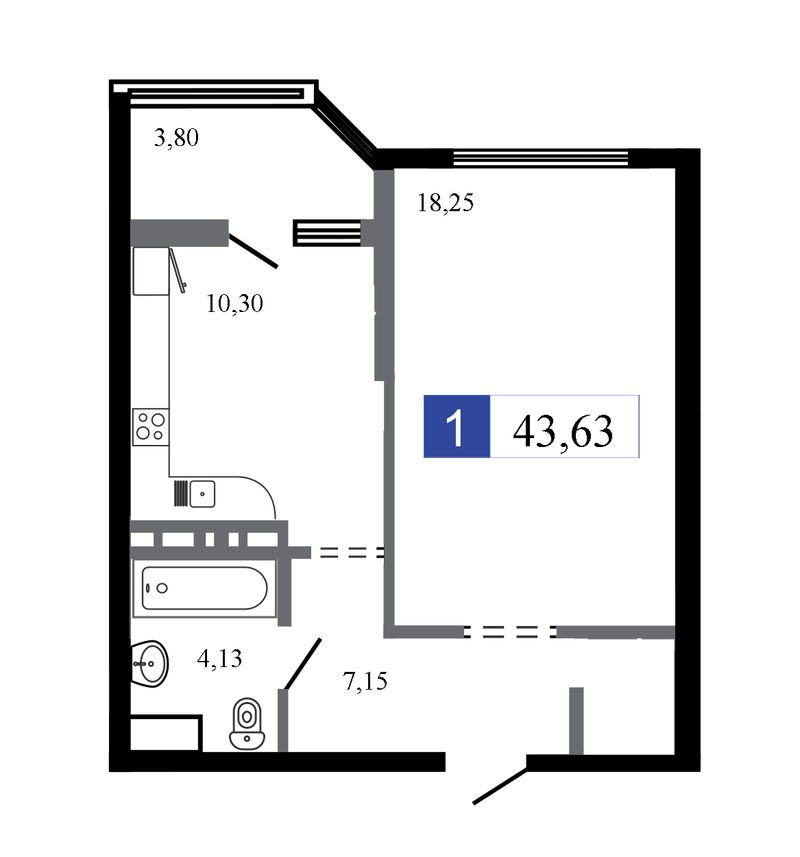 1 комнатная квартира 43.63 кв.м.