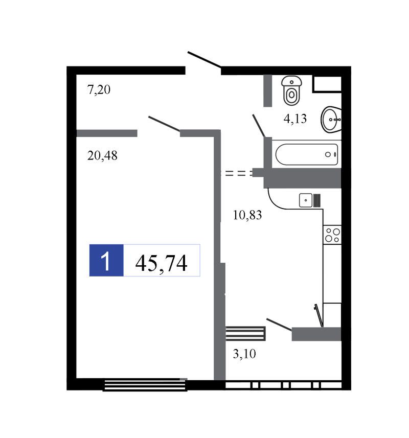 1 комнатная квартира 45.74 кв.м.