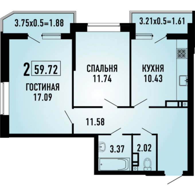 Двухкомнатная квартира 59.72 кв.м.