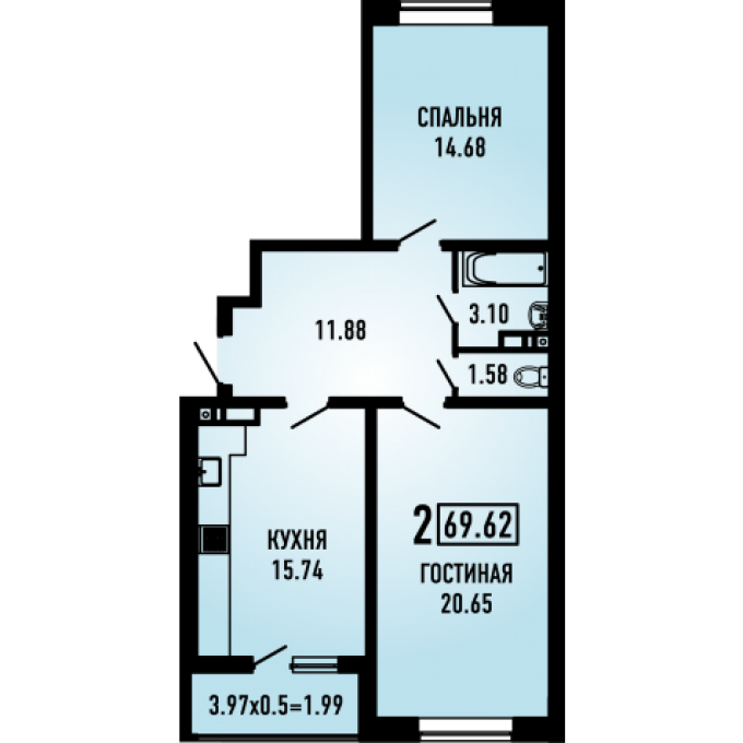 Двухкомнатная квартира 69.62 кв.м.